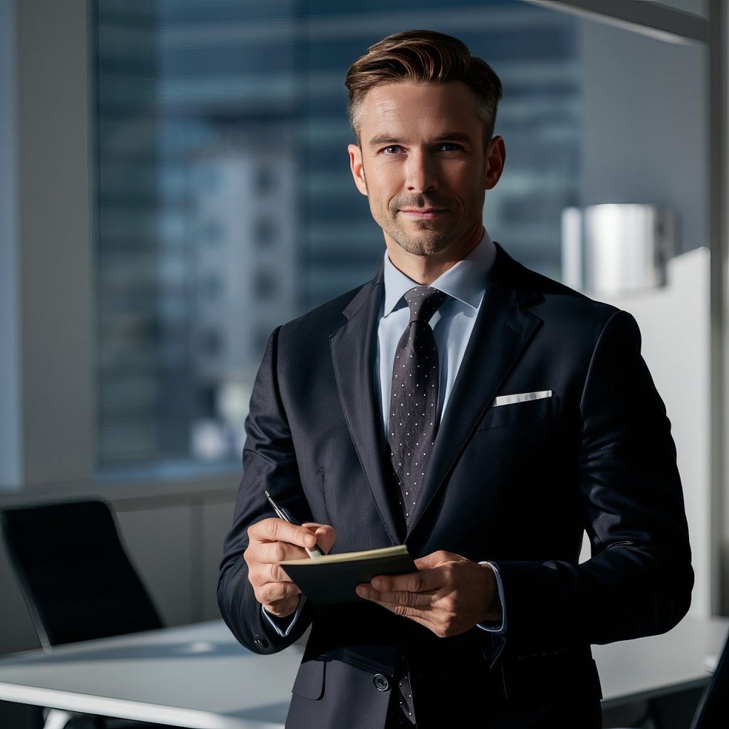 Professional businessperson in a suit taking notes in a modern office setting