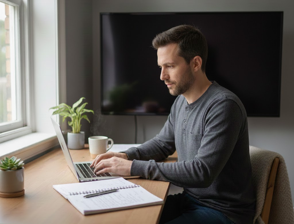 A man sits at a desk, focused on his laptop, with a notepad and pen beside him