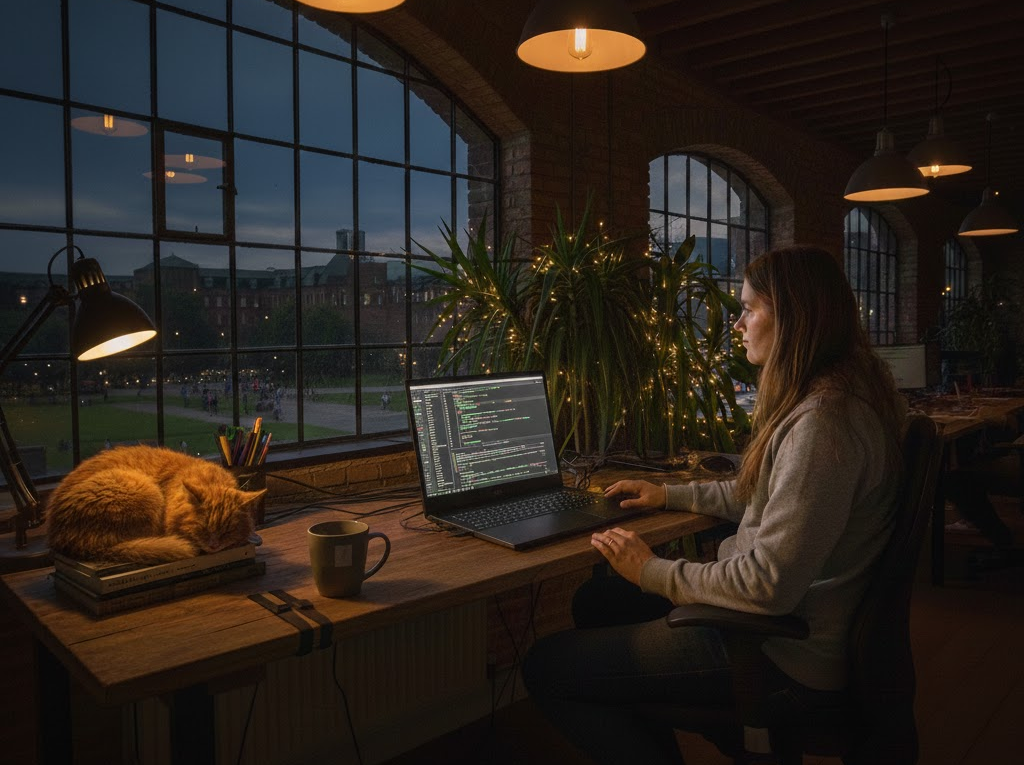 Woman coding on a laptop in cosy office with cat, ambient lighting, and large window showing evening city view