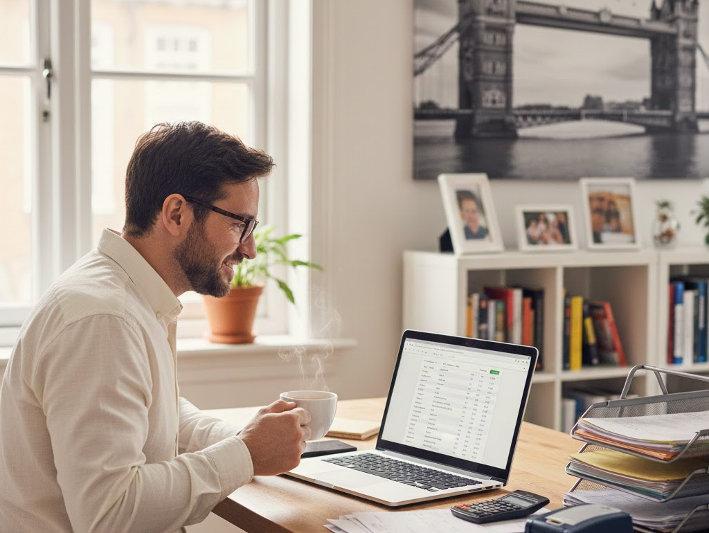 A man at a desk using a laptop, accompanied by a coffee cup, engaged in work