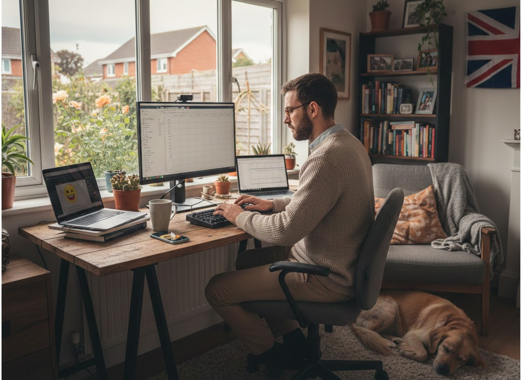A man focused on his laptop at home, with a dog lying next to him, illustrating a comfortable remote work environment
