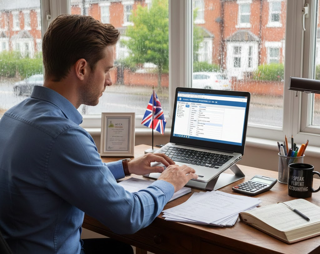 A man working on a laptop at a desk, accompanied by a British flag in the background