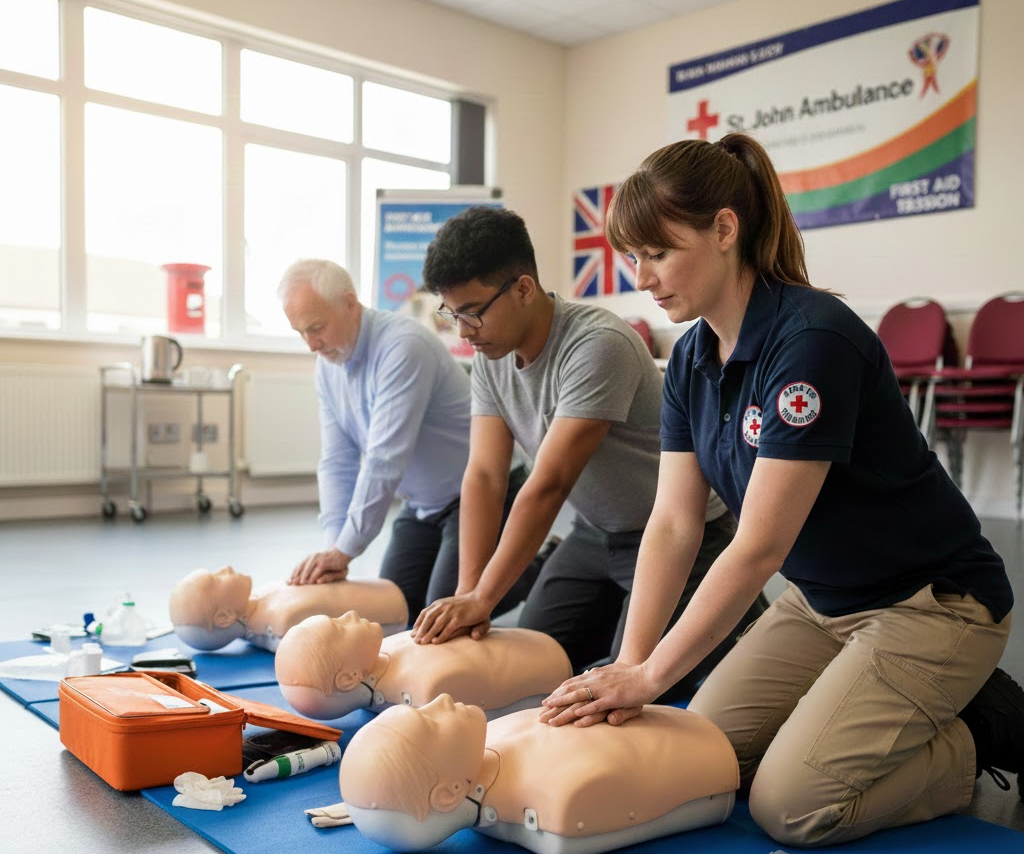A group of individuals practicing CPR techniques on mannequins during a training session