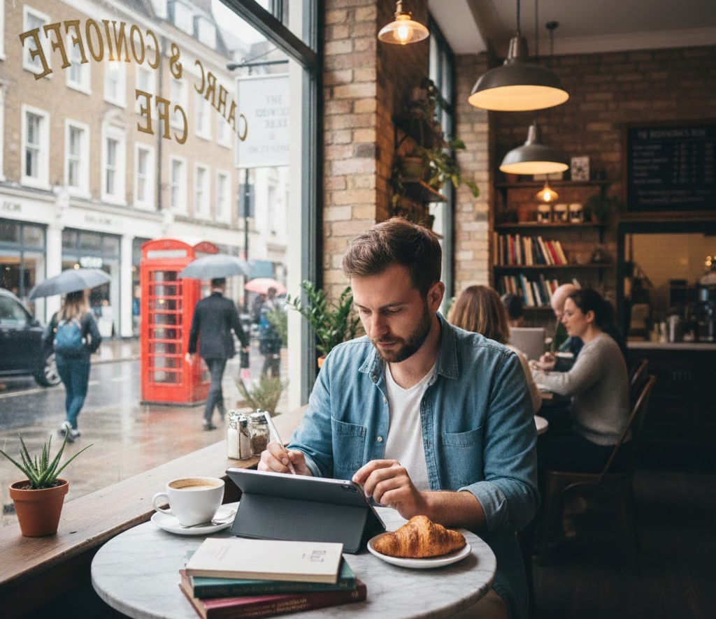 Man working on a tablet in a cosy London cafe, with coffee and croissant on table, street view with red phone booth