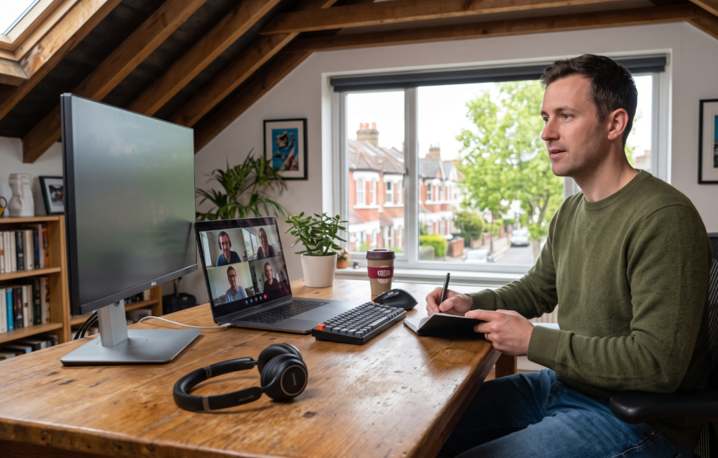 Man in home office attending video conference, taking notes; natural light, urban view, remote work setup